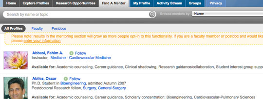 screenshot of mentor search